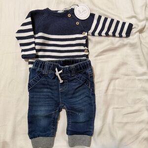 MebiRoot Navy and White Striped Sweater with NB Jeans